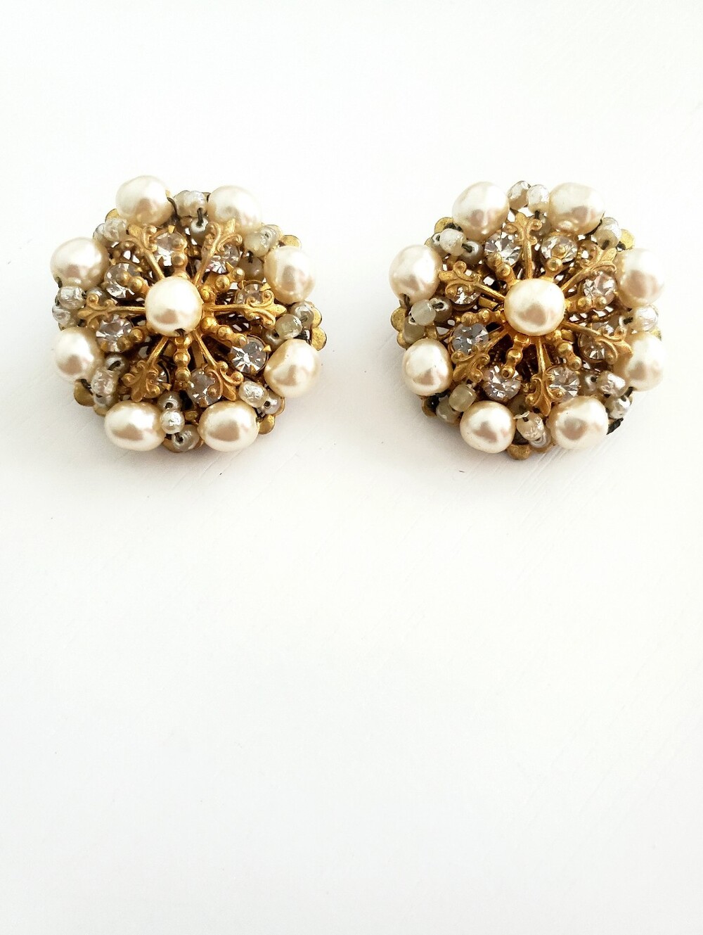 Miriam Haskell Signed Faux Pearl & Crystal Cluster Clip-On Pristine Vintage 1950